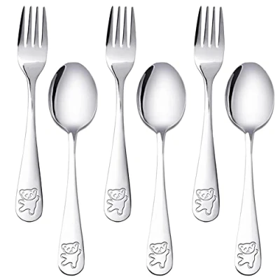 Afbeelding van HUYIWEI 6 Delige Set Beren Kinderservies,18/10 Roestvrijstalen Vorken En Lepels,Kinderservies Voor Kinderen Vanaf 3 Jaar,Kinderservies,Kindervorken Lepels (16,5 cm)