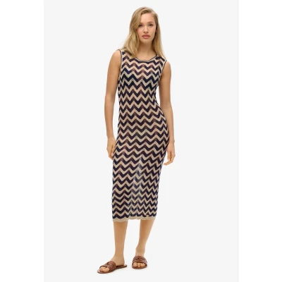 Afbeelding van Superdry ZIG ZAG MIDI Gebreide jurk, Dames, Maat: 44, Navy gold zigzag