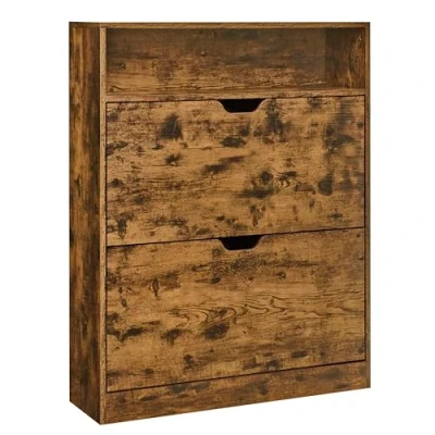 Afbeelding van VASAGLE Schoenenkast 2 klapdeuren, 3 lagen schoenenrek, met 1 open vak, verstelbare en verwijderbare scheidingswand, voor 11 16 paar schoenen, smalle ingang, 24 x 80 102 cm, rustiek bruin