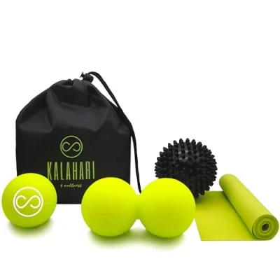 Afbeelding van KALAHARI Massagebal SET, 4 in 1 plus E boek met oefeningen het Nederlands Dubbele bal, Massagebal, Lacrosse, Elastische Band en Handige tas voor Triggerpointtherapie Myofasciale Massage
