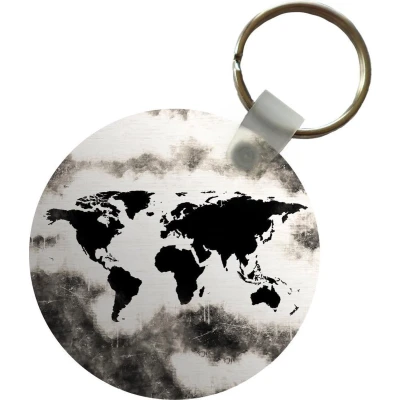 Afbeelding van Sleutelhanger Wereldkaart Zwart Hout Plastic Rond Uitdeelcadeautjes