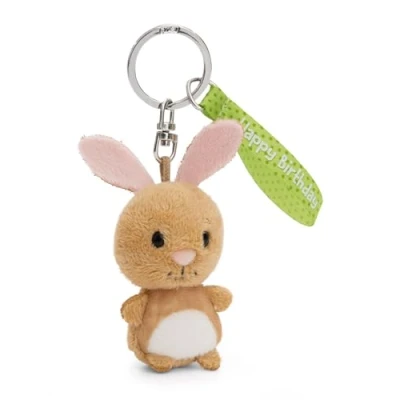 Afbeelding van Sleutelhanger Konijn &quot;Happy Birthday&quot; 5 cm bruin Metgezel knuffeldierhanger met sleutelring Sleutelhouder voor sleutelkoord, tas, rugzak en meer