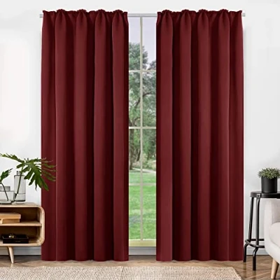 Afbeelding van Deconovo Set van 2 gordijnen, ondoorzichtig, dik, geluidsbescherming, met plooiband, hittebescherming, 290 x 140 cm (hoogte breedte), rood