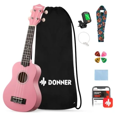 Afbeelding van Donner Ukulele Beginner Sopraan Kit 21 &quot;Starter Set Volwassen Ukelele Hawaii Gitaar Met Uke Oneline Les String Tuner Picks DUS 10 Roze