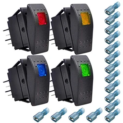Afbeelding van Gebildet 4stuks 12V/20A, 24V/10A Waterdichte LED Aan/Uit boot Marine Tuimelschakelaar met Licht (Rood, Geel, Blauw, Groen) + 16stuks Aansluiting (6.3 mm)