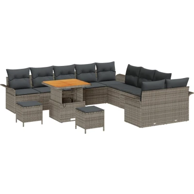 Afbeelding van vidaXL 13 delige Tuinsalonset met kussens Grijs Poly Rattan Acacia