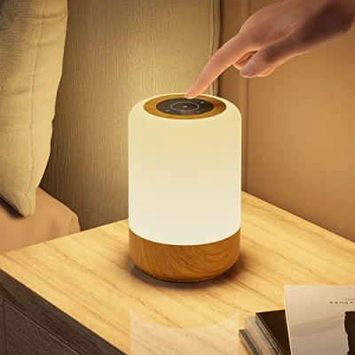 Afbeelding van Led bedlampje met aanraakfunctie, dimbaar, tafellamp op oplaadbare batterij, 8 kleuren en 3 modi, oplaadbaar via USB kabel, timerfunctie, voor slaapkamer woonkamer, houtnerf