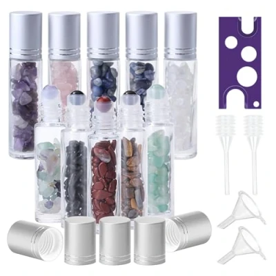 Afbeelding van BYZESTY Roll On Glazen flessen voor etherische olie, 10 stuks, rollon van ml, oliën met natuurlijke edelstenen, navulbare container en parfums