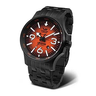Afbeelding van Vostok Europe Herenhorloge met massief roestvrijstalen schakelarmband Expedition Nordpool 1 automatisch YN55 datum 20 ATM, zwart/oranje, armband