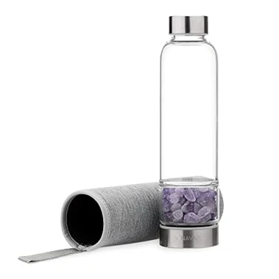 Afbeelding van Navaris glazen drinkfles Fles met edelstenen 420 ml Waterfles amethisten Inclusief sleeve van neopreen