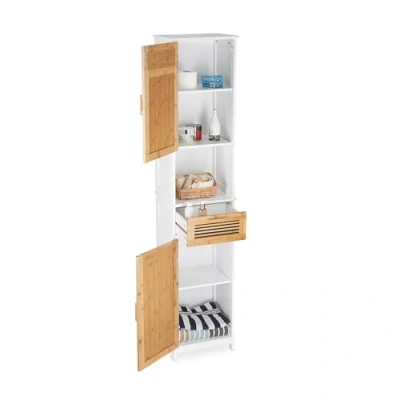 Afbeelding van Relaxdays badkamerkast kolomkast opbergkast badkamer hout bamboe wit bruin