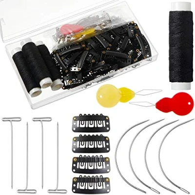 Afbeelding van 85 stuks haarextensies clip pruik maken set, inclusief 50 U vormige klikclips, 10 gebogen naalden, 20 T pinnen, 3 rollen weefdraad, 2 naaldinrijger for van (Color : Black)