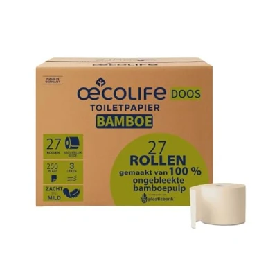Afbeelding van oecolife toiletpapier BAMBOE, 3 laags, 27 rollen á 250 vel, wc papier superzacht, plasticvrije verpakking, vegan, duurzaam