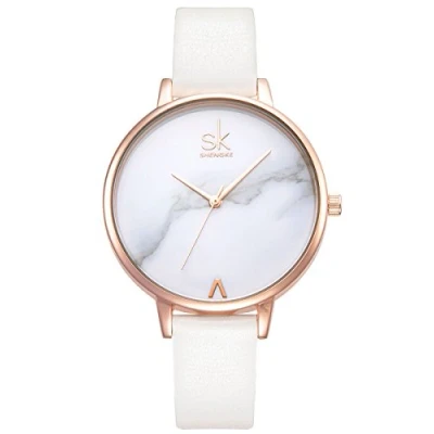 Afbeelding van Alienwork Dameshorloge Rose Goud Leren Armband Wit Ultradun Elegant