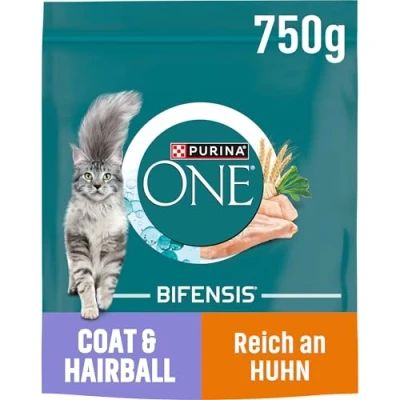 Afbeelding van ONE BIFENSIS Coat &amp; Hairball kattenvoer droog, rijk aan kip, 6 stuks (6 x 750 g)