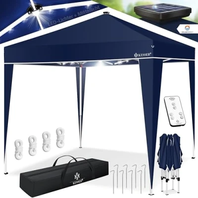 Afbeelding van KESSER® Paviljoen 3x3m Tuinpaviljoen weerbestendig &amp; Opvouwbaar met LED verlichting op zonne energie UV bescherming Inclusief transporttas Afstandsbediening