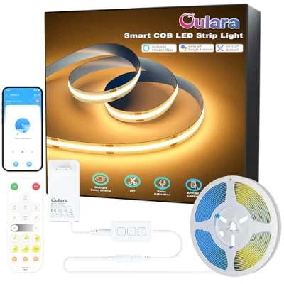 Afbeelding van OULARA COB ledstrip, warmwit, 2700 K, 10 m, dimbaar, 24 V, werkt met Alexa/Google Assistant voor doe het zelf verlichting onder de kast, slaapkamer, keuken