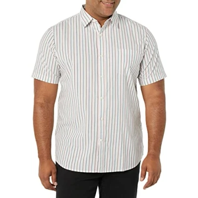 Afbeelding van Amazon Essentials Heren Slim Fit Poplin Shirt met korte mouwen, roze groenblauw strepen, S