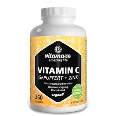 Afbeelding van Vitamine C hoog gedoseerd &amp; gebufferd 1000 mg per dag + zink, 360 tabletten, veganistisch optimaal biologisch beschikbaar, natuurlijk voedingssupplement zonder onnodige toevoegingen, Made in Germany