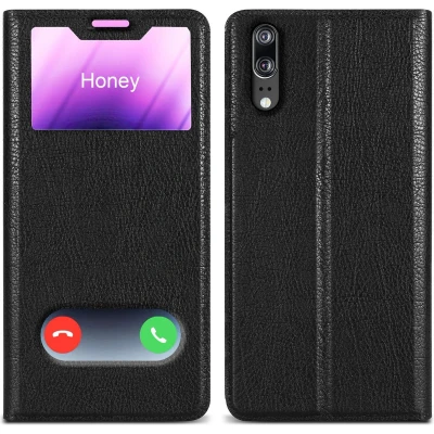 Afbeelding van Cadorabo Hoesje geschikt voor Huawei P20 in KOMEET ZWART Beschermhoes met magnetische sluiting, standfunctie en 2 kijkvensters Book Case Cover Etui