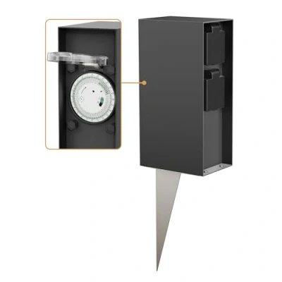 Afbeelding van ledscom.de Tuincontactdoos zuil POMI met grondspies voor buiten, IP44, timer/timer, 2 voudig, antraciet, hoekig, 23cm