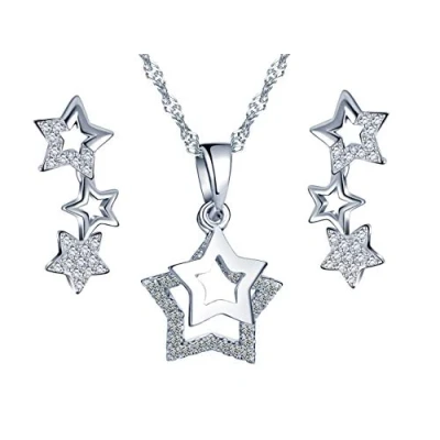Afbeelding van Yumilok Damesoorstekers, halsketting met pentagram, ster, sterretje, maan, hanger, zirkonia, creolen, sieradensets, cadeau voor vrouwen en meisjes, zilver, Sterling Zirkonia