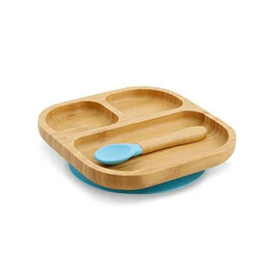 Afbeelding van BIOZOYG bamboe bordenset, vierkant, zuignapborden met lepel, FSC gecertificeerd, schattige kommenset van voor kleine kinderen, kinderborden en snackschaal, babybamboeservies, blauw