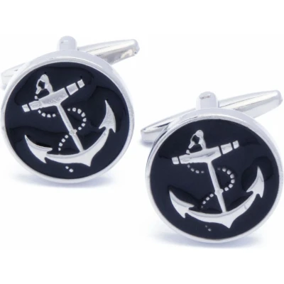Afbeelding van Manchetknopen Anker Zilver met Zwart Emaille Rond