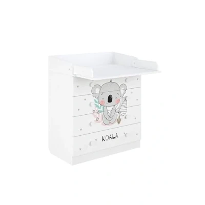 Afbeelding van Shefa Kids Wikkelcommode 800, wit, koala design, ruime commode met 4 laden en aankleedopzetstuk