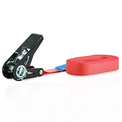 Afbeelding van Sandax Set van 4 sjorbanden met ratel, duurzame eendelige spanbanden, lengte meter (4 m), breedte 25 mm, kleur rood, TÜV gecertificeerd, belastbaar tot 900 kg, volgens DIN EN 12195 2