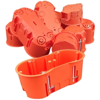 Afbeelding van 5 x 2 voudige gipskartondoos, Rigips hollewanddoos, apparaatdoos, schakeldoos, aansluitdoos, oranje, UP HW, Ø 68 mm 136 60 diepte, voor bevestiging van de doos in gipsplaten, PK60 10PG,