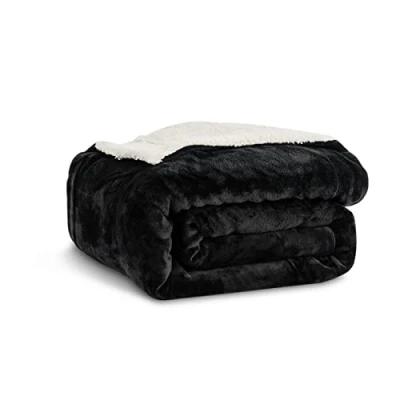 Afbeelding van Kono Sherpa Fleece plaid deken 150 x 200 cm zachte, knusse pluizige omkeerbare microvezel effen dekens voor bedbank (zwart, twin/dubbel)