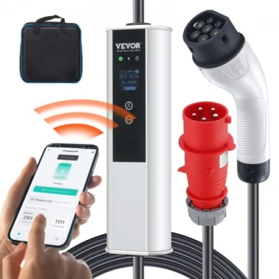 Afbeelding van VEVOR Draagbare oplader voor elektrische voertuigen type 2 IEC6219 auto 32 A 7,36 kW eenfase 22 driefasen oplaadkabel 7,5 m CEE LCD stekker IP66 met tas haak