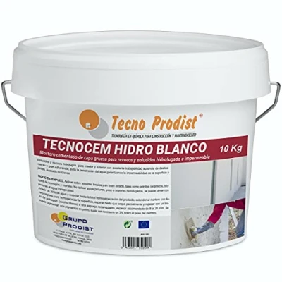 Afbeelding van TECNOCEM HIDRO by Tecno Prodist (10 Kg) Witte, waterdichte en dikbedcementmortel voor pleisterwerk pleisterwerk.