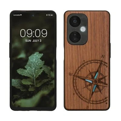 Afbeelding van kwmobile telefoonhoesje geschikt voorOnePlus Nord CE 3 Lite 5G / N30 Hoesje met bumper hout In donkerbruin Parelmoer kompas design