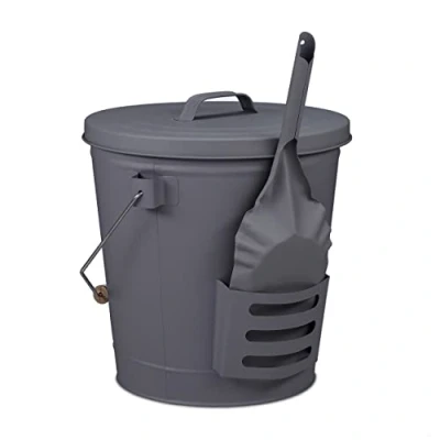 Afbeelding van Relaxdays asemmer 19 liter kolenemmer deksel &amp; schep gepoedercoat staal grijs