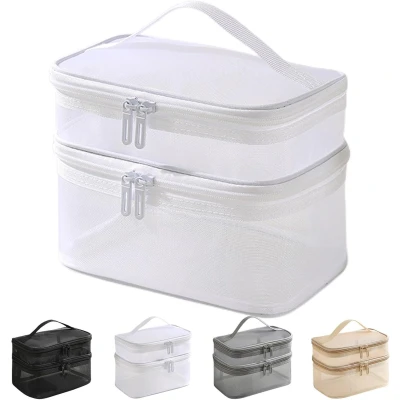 Afbeelding van ZVD Dubbele laag reismake uptas Make up organizer met handvatten Perfect voor reizen, huidverzorging en toiletartikelen Wit