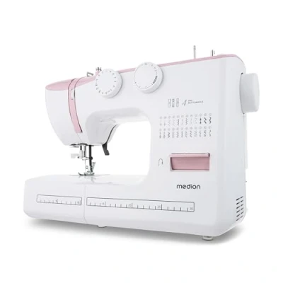 Afbeelding van MEDION naaimachine met vrije arm SM60 (60 watt, 60 verschillende steekpatronen knoopsgaten, led naailampje, automatische draadinrijger, achteruitrijgknop, draadafsnijder, MD10689) roze