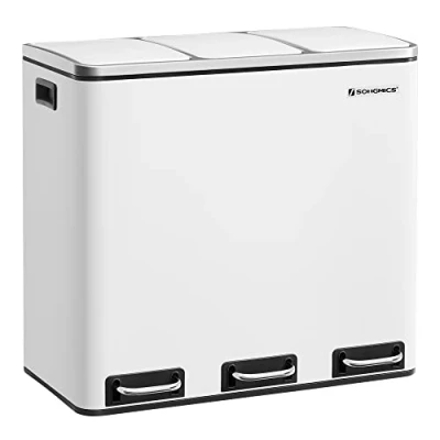 Afbeelding van SONGMICS Keukenafvalemmer, afvalscheidingssysteem, 3 x 18L, pedaalemmer met compartimenten, afvalemmer, softclose, voetpedalen, kunststof binnenemmers en handgrepen, wit LTB54WT