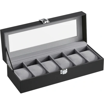Afbeelding van horlogedoos 6 horloges, met glazen deksel, fluwelen horlogekussen, horlogekast slot 30 x 11,2 8 cm, PU deksel in zwart, voering grijs JWB06BK