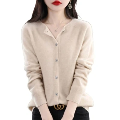 Afbeelding van TeysHa Vest van kasjmier voor dames, sweater, wol, ronde hals, knopen, lange mouwen, zacht, warm breisel, elastisch, truien, Beige, XXL