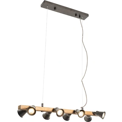 Afbeelding van QAZQA Landelijke hanglamp zwart met hout 8 lichts Jelle
