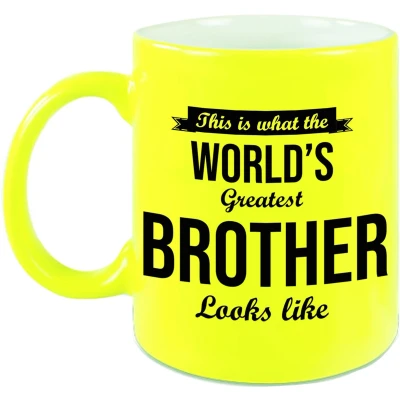 Afbeelding van Worlds Greatest Brother cadeau mok / beker neon geel 330 ml feest mokken
