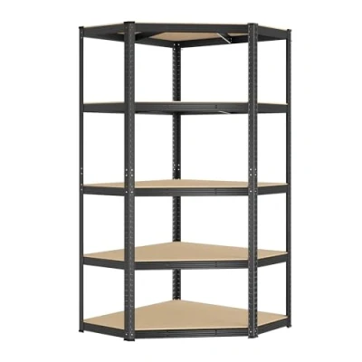 Afbeelding van SONGMICS hoekplank 5 niveaus, zware metalen plank, opbergplank voor garage, berging, kelderplank, draagvermogen tot 875 kg, inktzwart natuurbeige GLR080B01