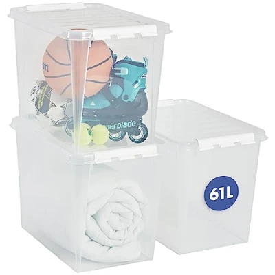 Afbeelding van SmartStore 61L grote plastic opbergdozen met deksel, 3 stuks, versterkt, helder, 10 jaar, voedselveilig, clip vergrendeld, stapelbaar en nestbaar, 59 x 39 43 cm (l b h)