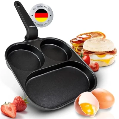 Afbeelding van endusor Spiegeleipan (21 cm), ontbijtpan, driedelig met anti aanbaklaag voor inductie gas keramisch elektrisch, eierpan spiegeleieren, pannenkoeken, spek, groenten, McMuffins en meer