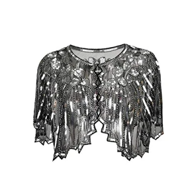 Afbeelding van Grouptap Jaren 20, zwart/goud/zilver/wit, Gatsby, bolero, pailletten, cape, shrug wrap voor dames, flapper art deco, vintage jurk kostuum, zilver of zwart, One size