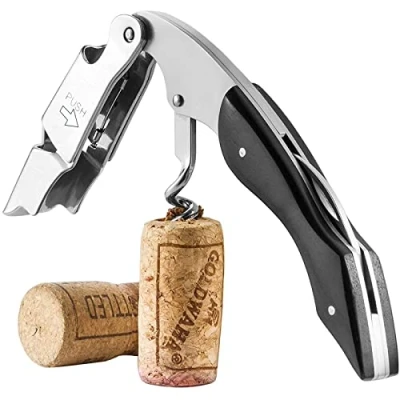 Afbeelding van Aubeifou Kelnermes met houten handvat in zwart incl. wijnopener flesopener en foliesnijder, professionele roestvrij staal hoogwaardig, voor sommelier, kelner barkeeper (zwart