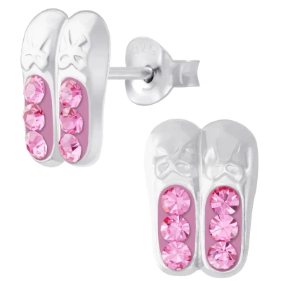 Afbeelding van JoyS Zilveren ballerina ballet schoentjes oorbellen roze kristal