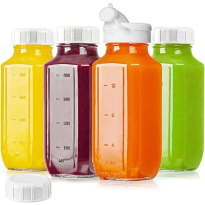 Afbeelding van Absovetu Set van 4 vierkante glazen sapflessen met deksels, luchtdicht, 500 ml, herbruikbare melkopslagflessen, helder glas, drinkfles voor sap, honing, water